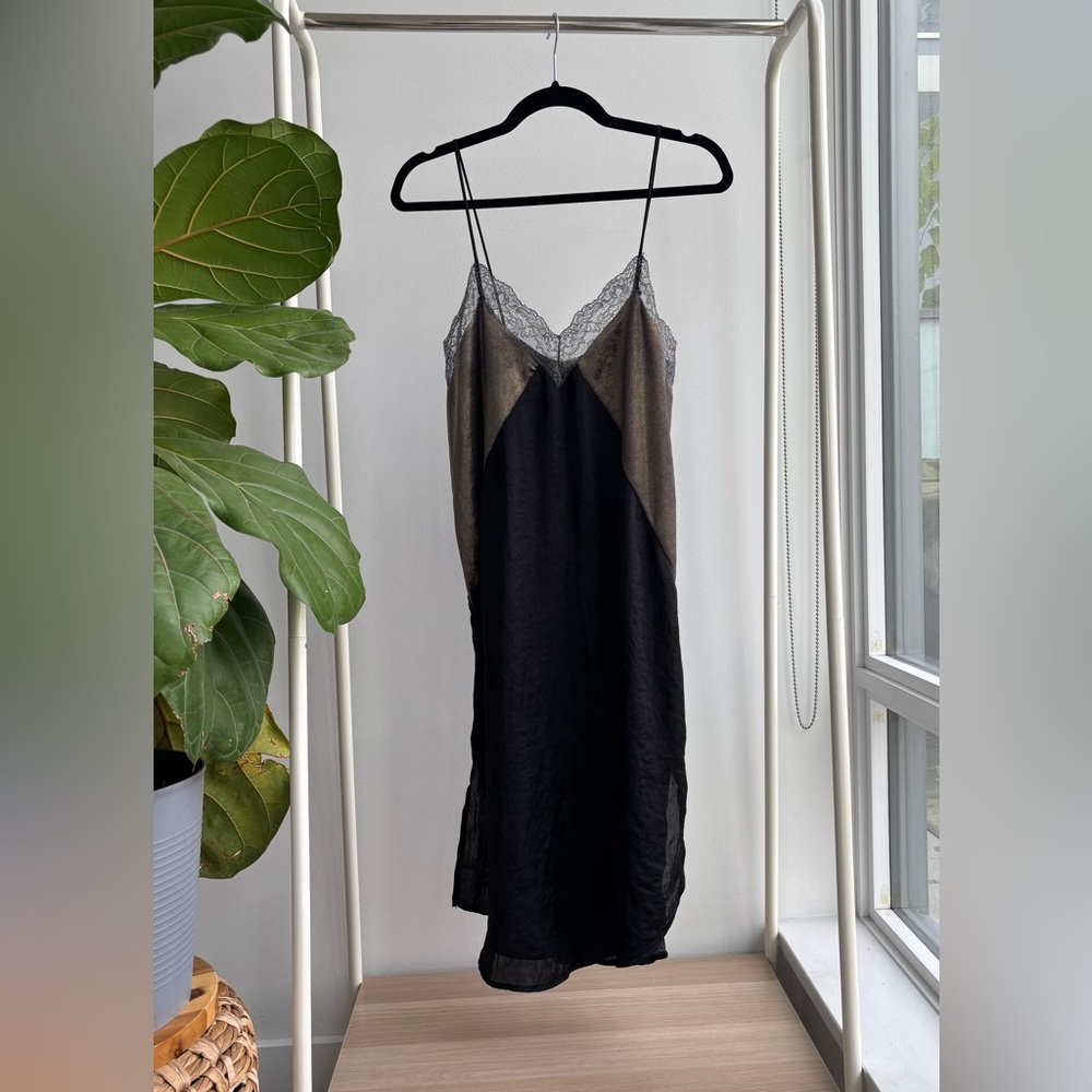 ZARA | Satin Slip Midi Dress with Lace Trim and Crushed Velvet Detailing M